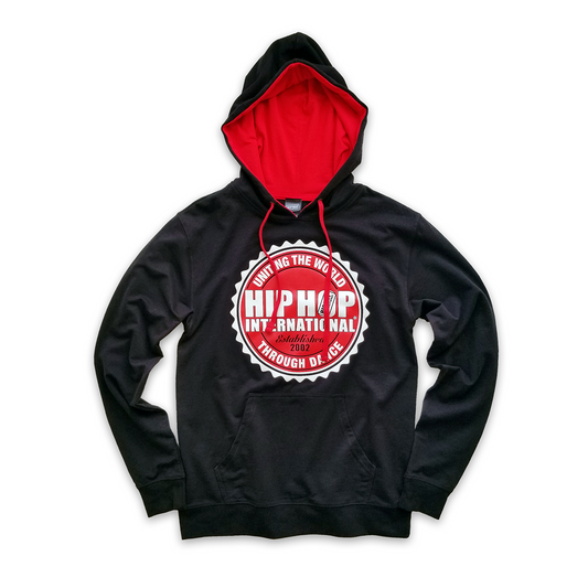 UNISEX 2-TONE OFFICIAL SEAL PULLOVER FRENCH TERRY FLEECE HOODY - BLACK/RED